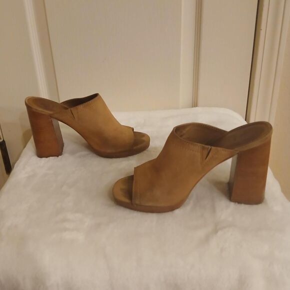 Frye Karissa Mule Camel Tan Suede Wood Chunky Block Heel Size 8.5 Boho - Picture 4 of 7